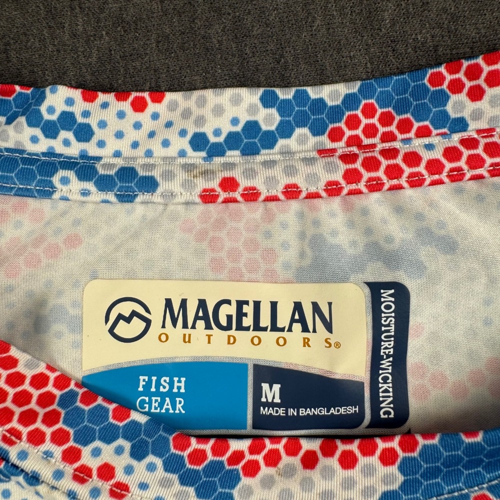 Magellan Outdoors Kids M Red‎ White Blue Hex Camo Fish Gear Long Sleeve Shirt - Picture 3 of 10